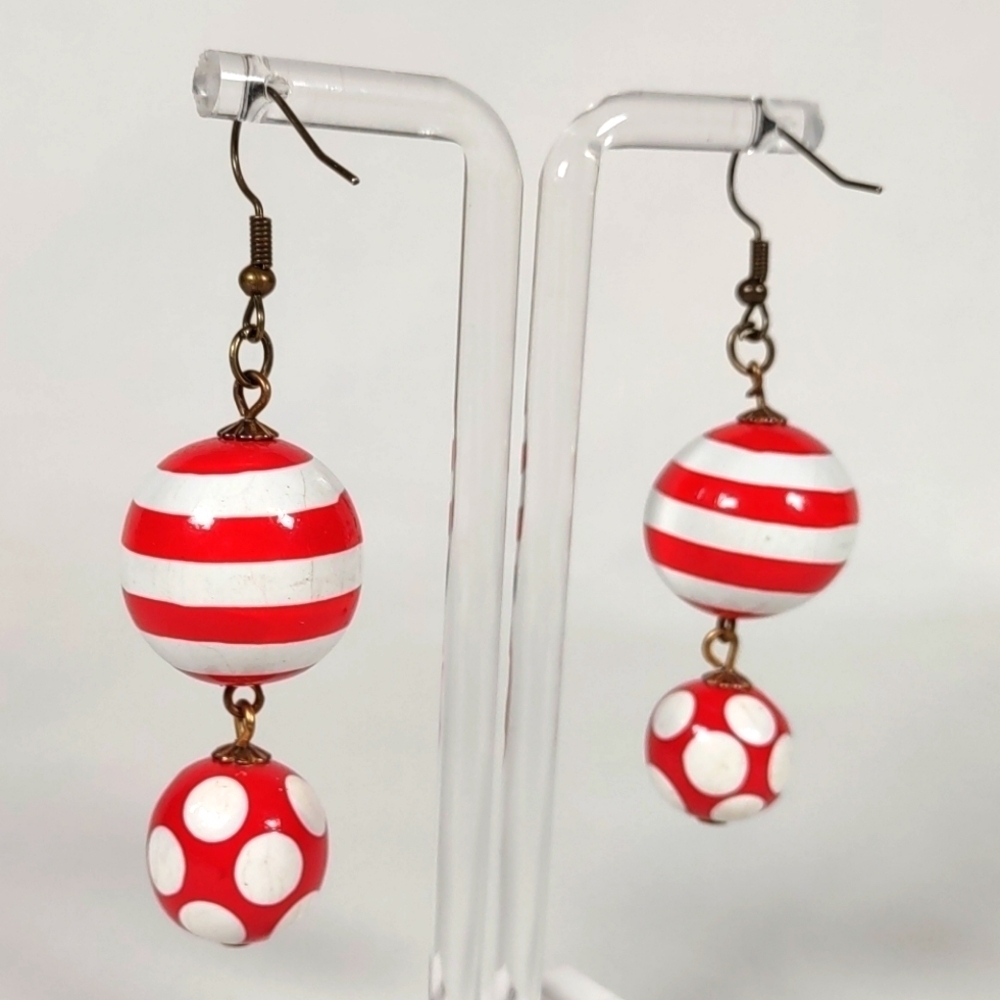 Handmade Red and White Wood Bead Fishhook Post Earrings - Picture 3 of 7